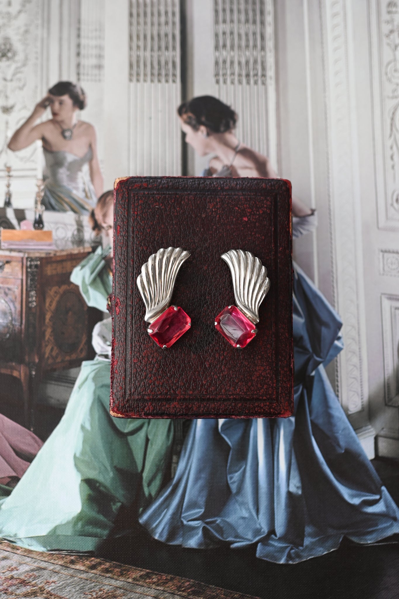 1940s Cerise Paste Winged Clip On Earrings