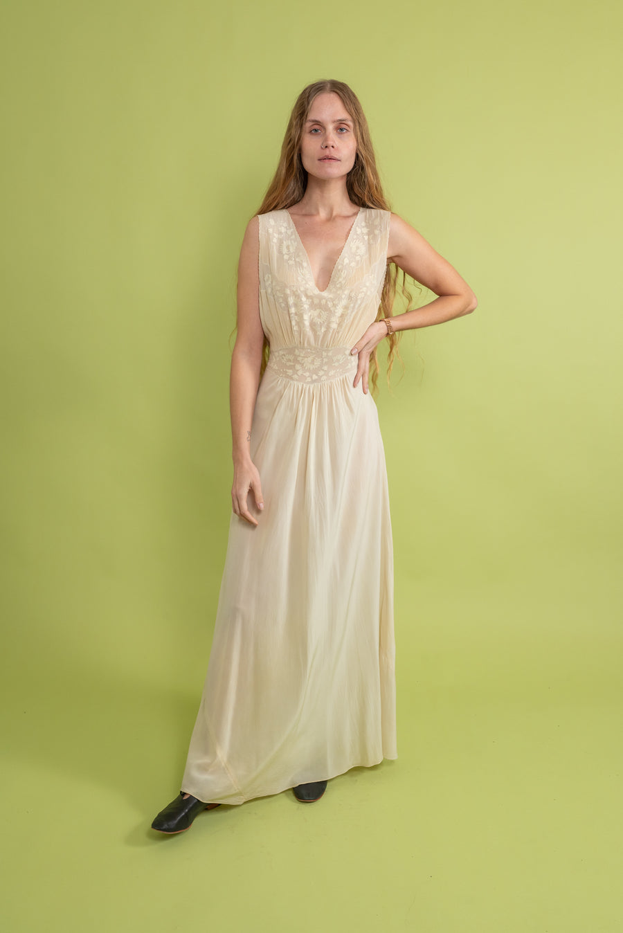 1930s Ivory Silk Appliqué Slip Dress [xs/sm]