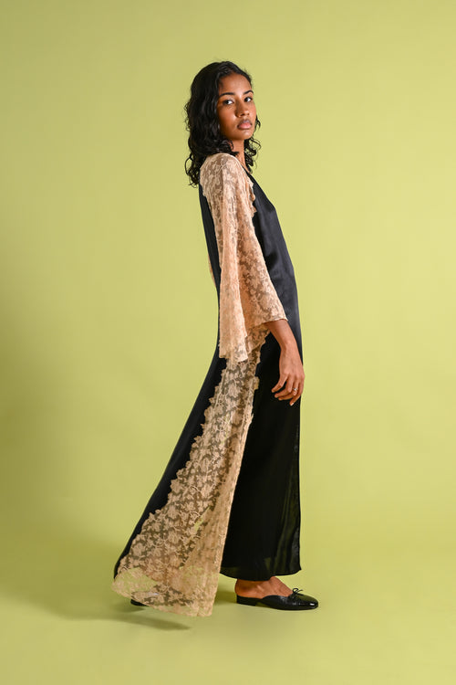1930s Black Silk + Lace Angel Sleeve Robe [xs/sm/med]