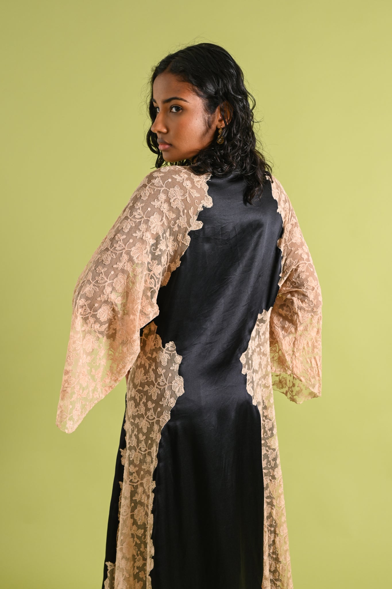 1930s Black Silk + Lace Angel Sleeve Robe [xs/sm/med]