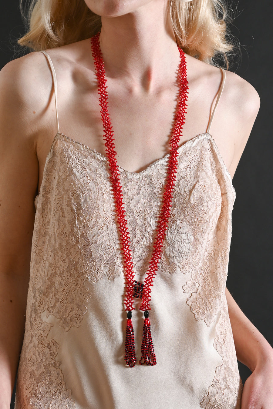 1920s Red + Black Handbeaded Tassel Sautoir