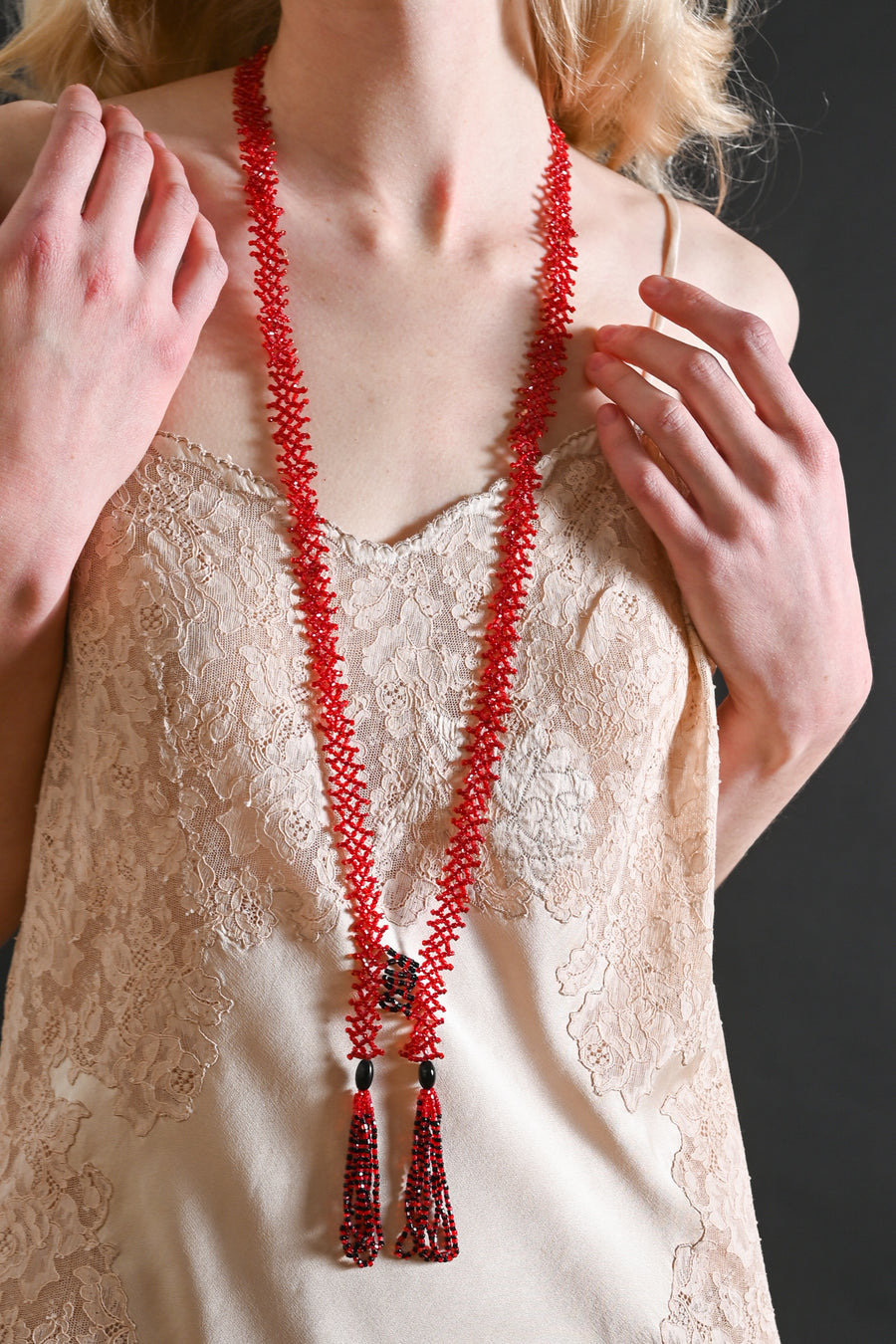 1920s Red + Black Handbeaded Tassel Sautoir