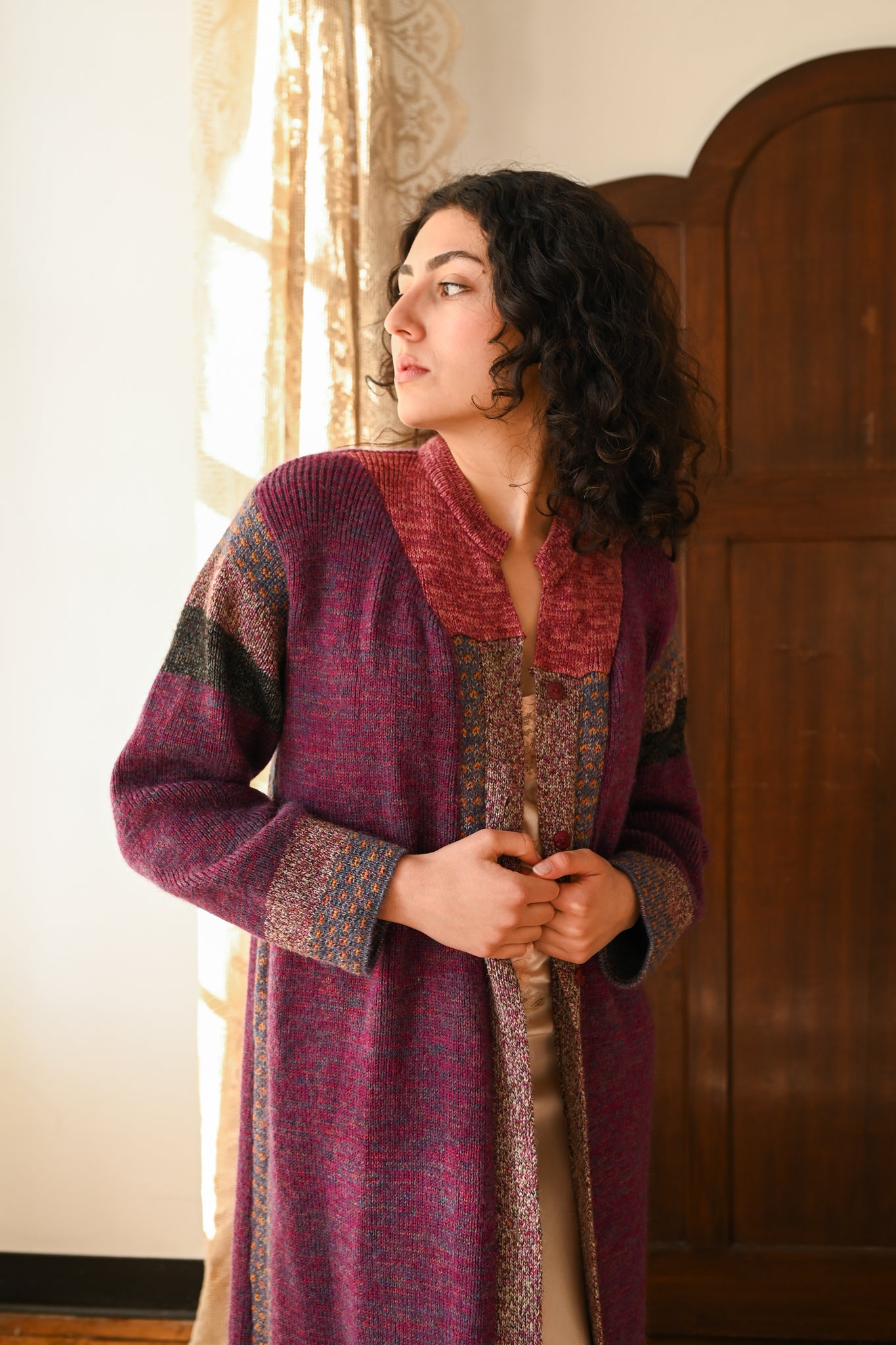 1970s Handknit Wool Colorblock Duster [sm/med/lrg]