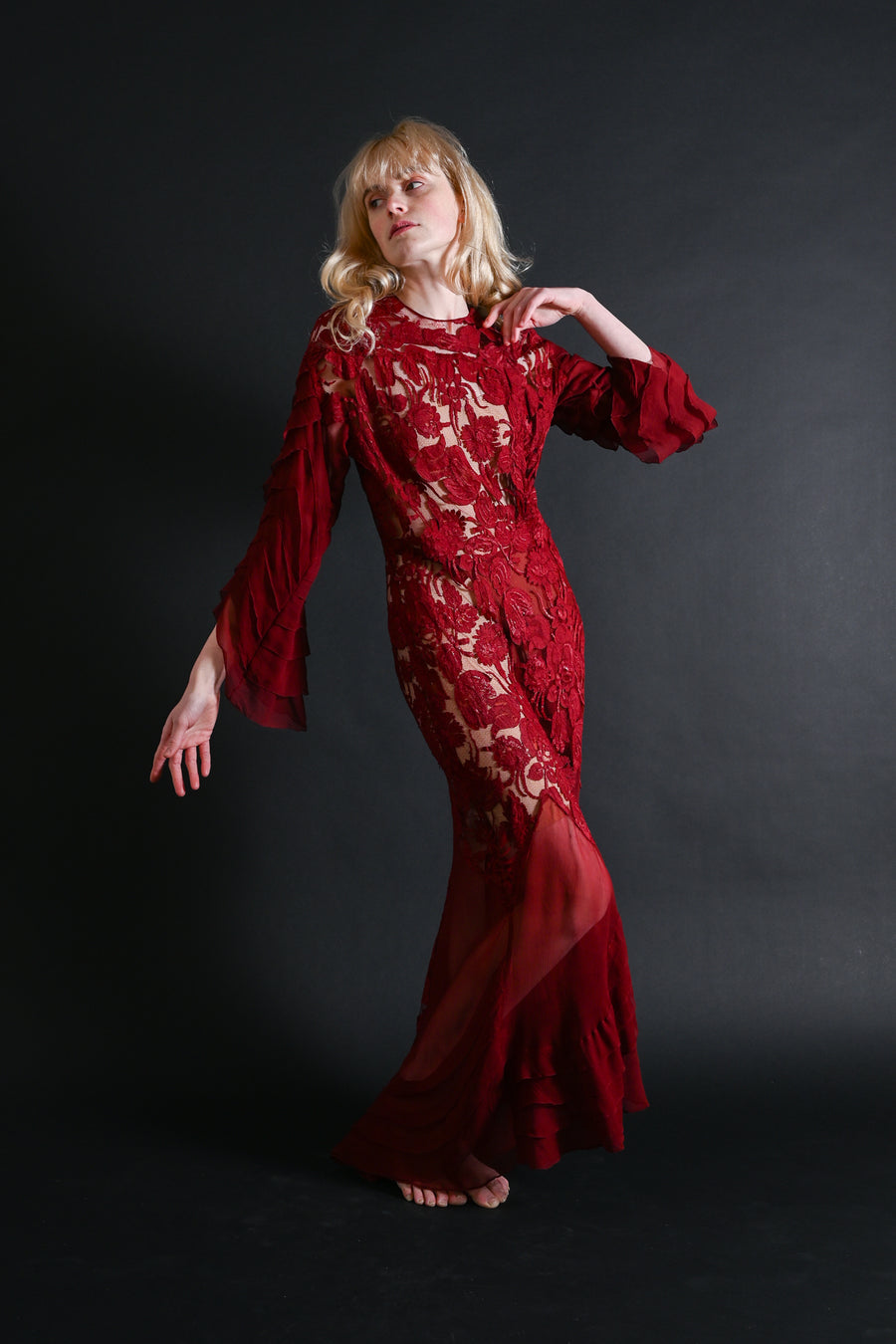 1930s Blood Red Lace + Silk Chiffon Robe [xs/sm/med]