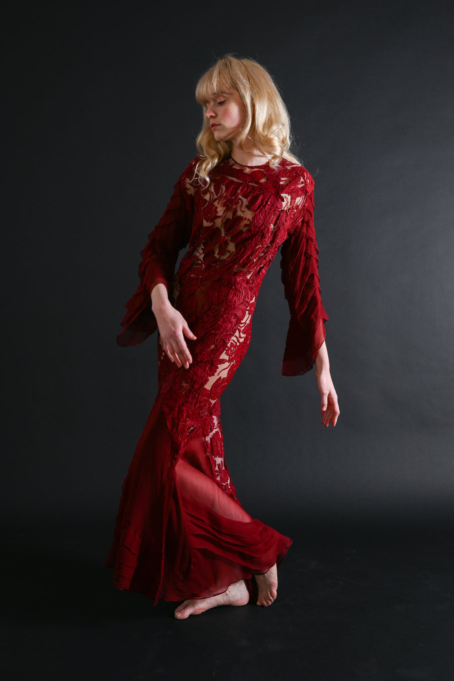 1930s Blood Red Lace + Silk Chiffon Robe [xs/sm/med]