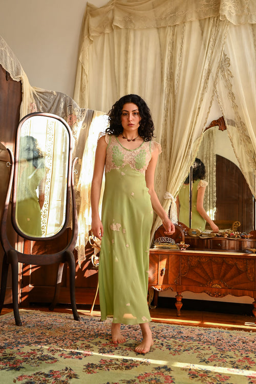 Demetra's Green Silk Appliqué Flutter Sleeve Gown [sm/med]