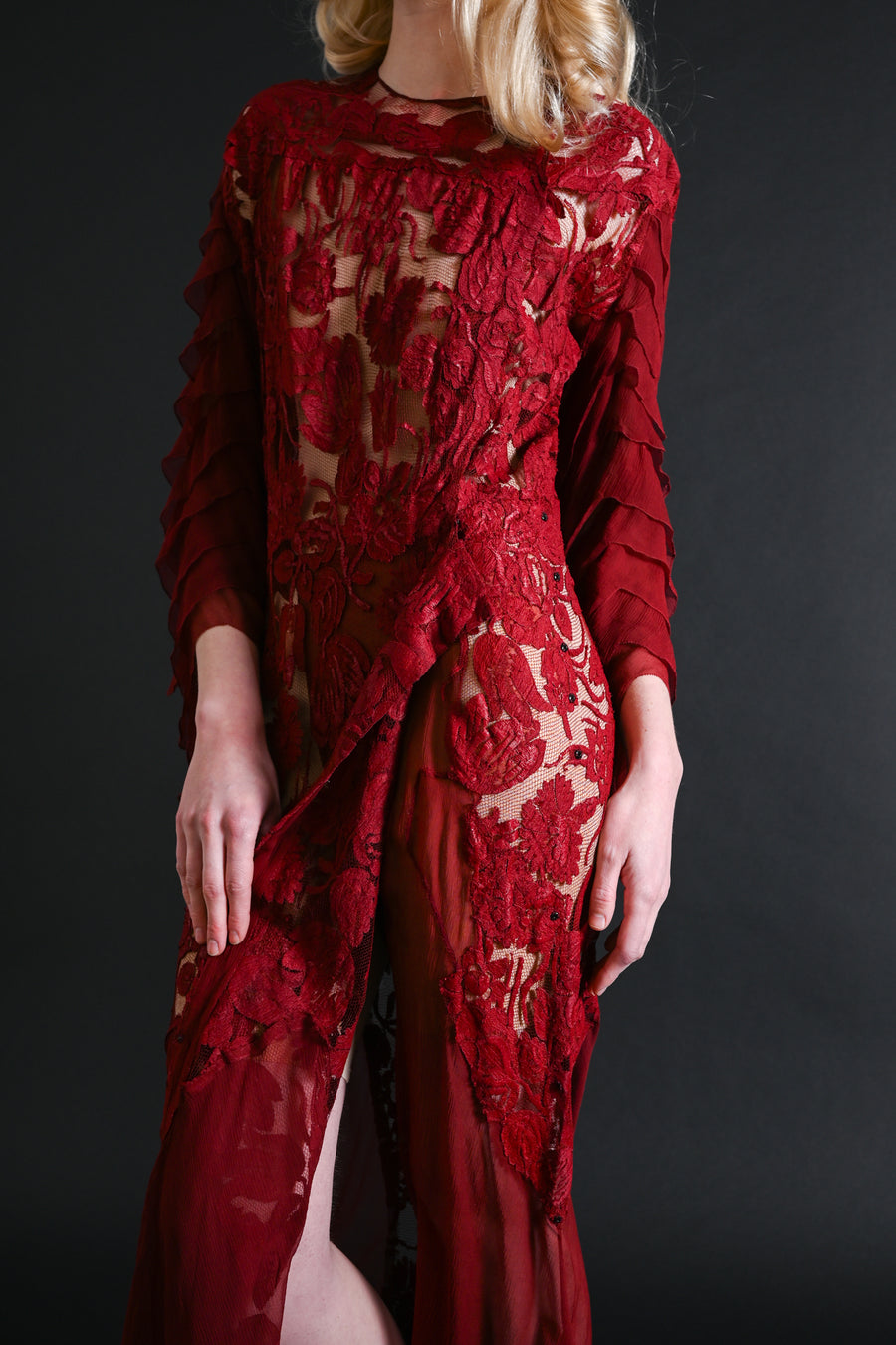 1930s Blood Red Lace + Silk Chiffon Robe [xs/sm/med]