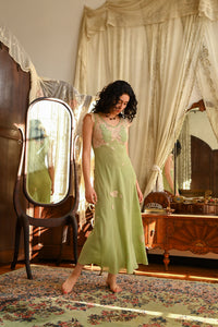 Demetra's Green Silk Appliqué Flutter Sleeve Gown [sm/med]