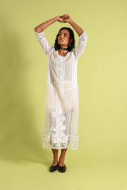 1920s Hand Embroidered Cotton Whitework Dress [sm/med/lrg]