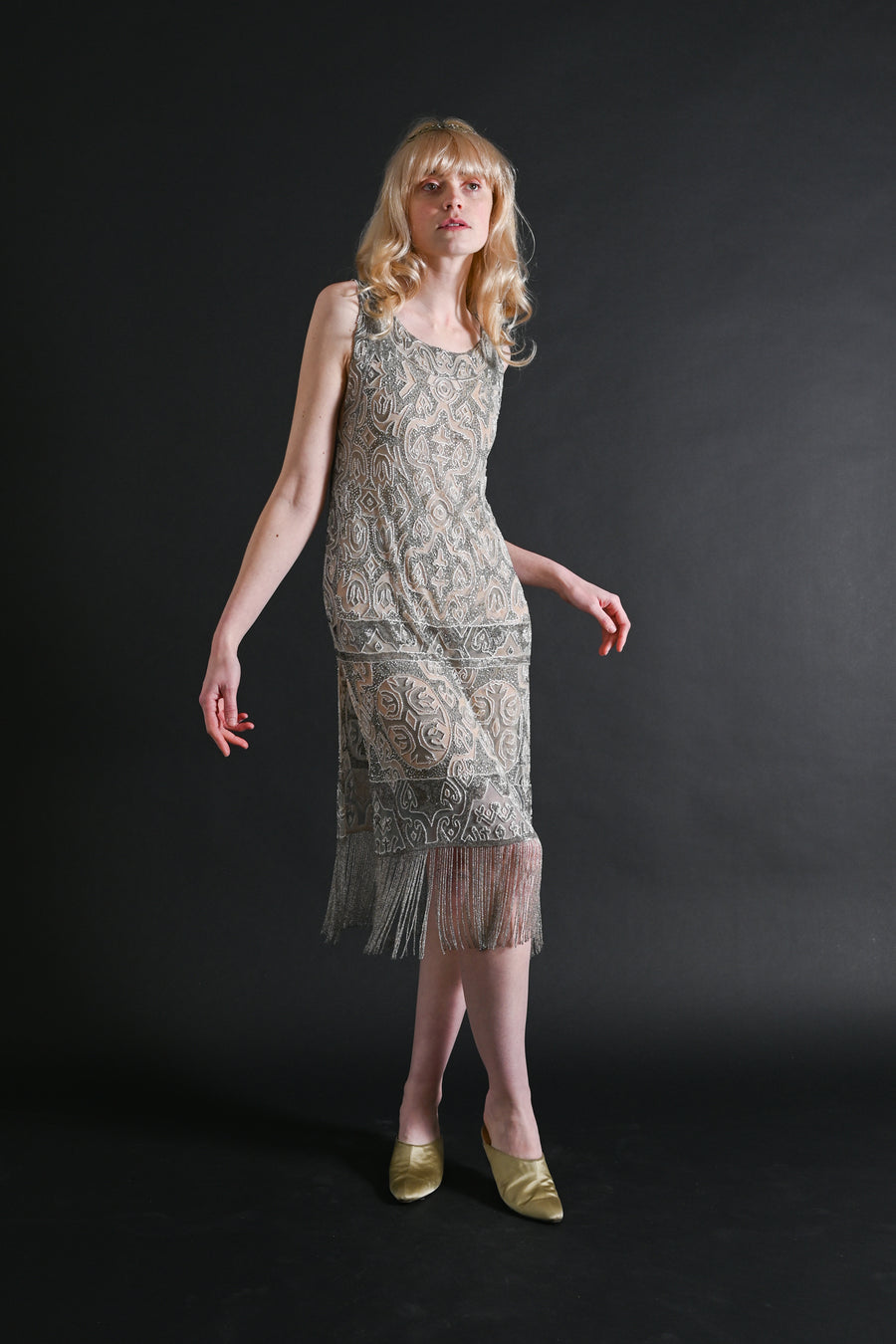 1920s Hand Painted Beaded Fringe Flapper Dress [xs/sm]