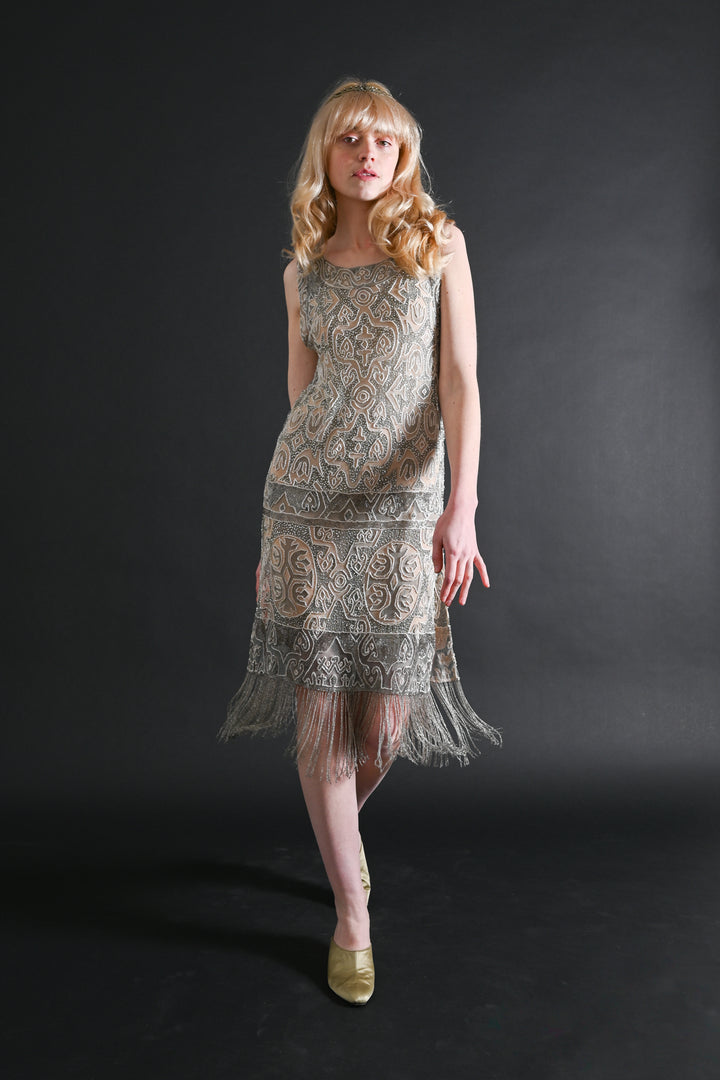 1920s Hand Painted Beaded Fringe Flapper Dress [xs/sm]