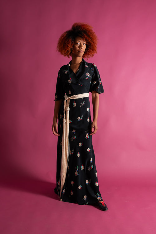 1930s Dark Floral Silk Bias Cut Gown [med/lrg]