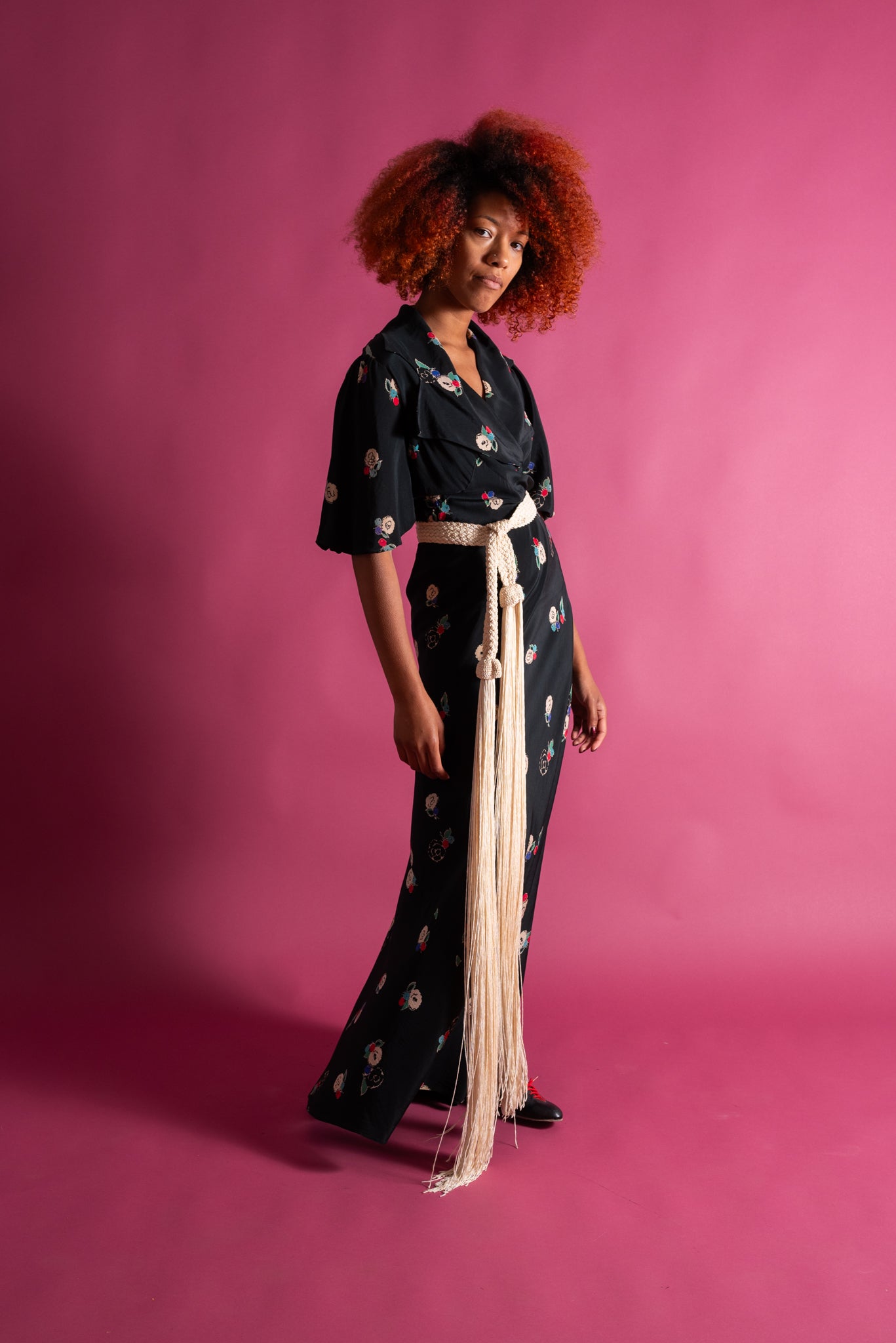 1930s Dark Floral Silk Bias Cut Gown [med/lrg]