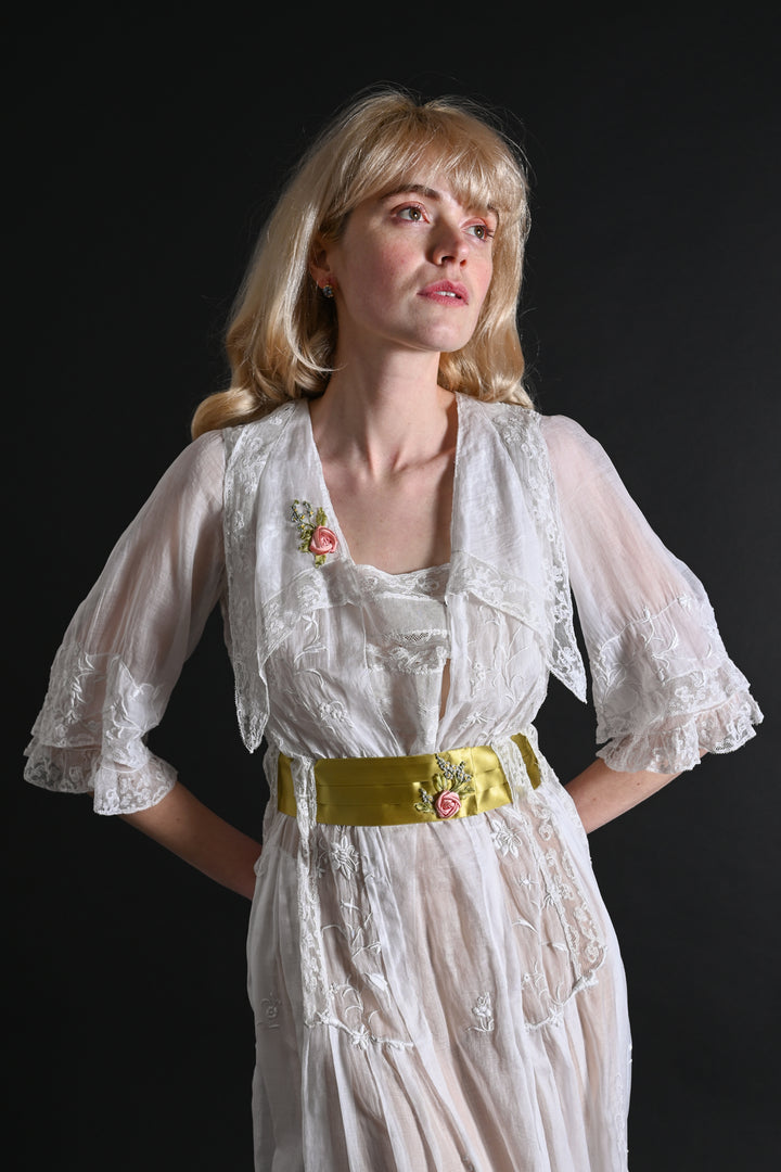 1920s Whitework Dress with Silk Ribbonwork [xs/sm]