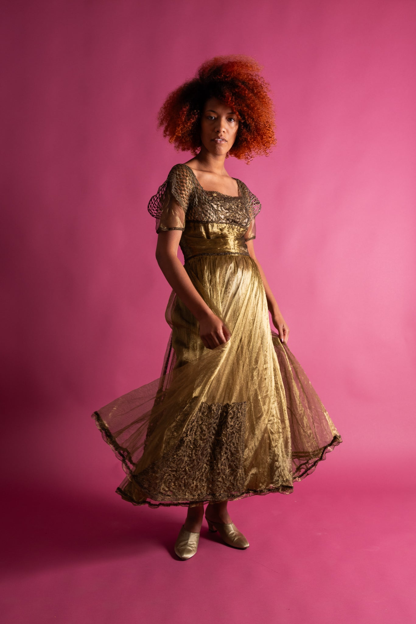 Edwardian Gold Chartreuse Lamé Net Gown [xs/sm]