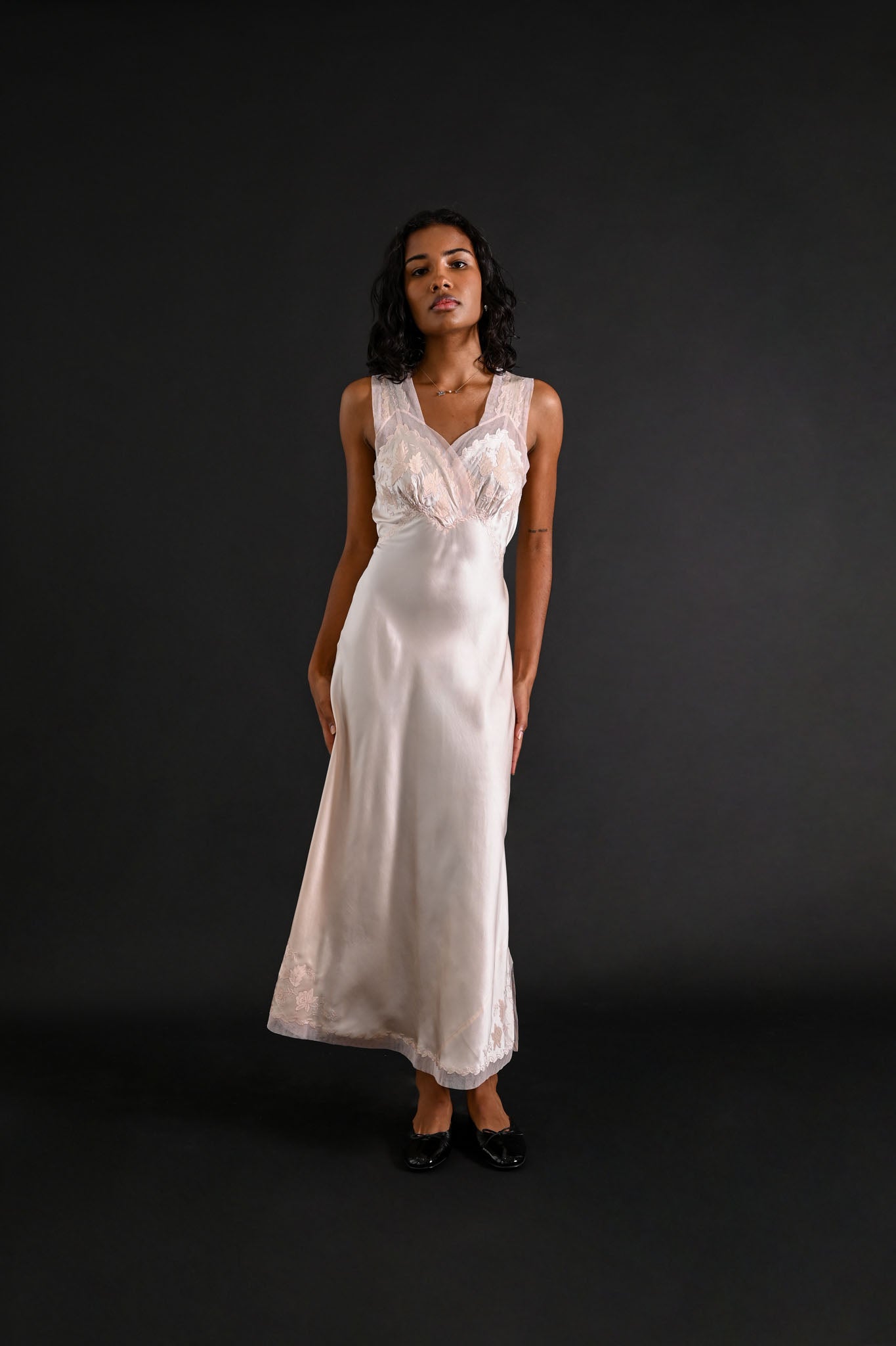 1930s Hand Embroidered Floral + Foliage Silk Gown [xs/sm]