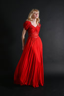 1930s Crimson Silk Chiffon Diamanté Gown [xs/sm]