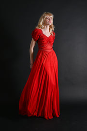 1930s Crimson Silk Chiffon Diamanté Gown [xs/sm]