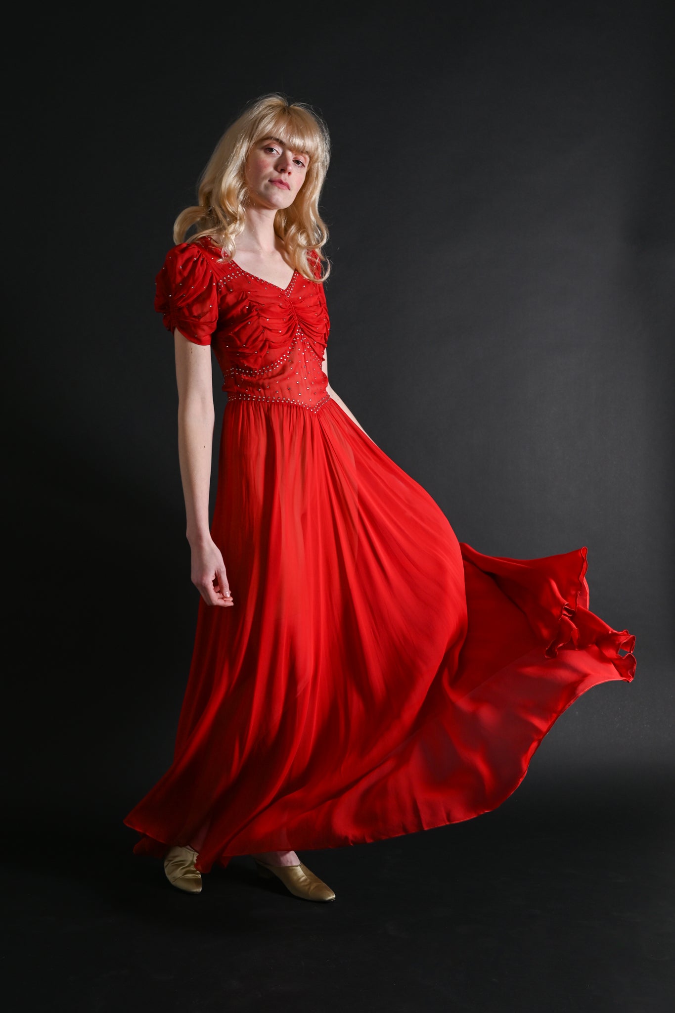 1930s red dress 1930s Red Velvet Cocktail Dress: Bow Back, XS