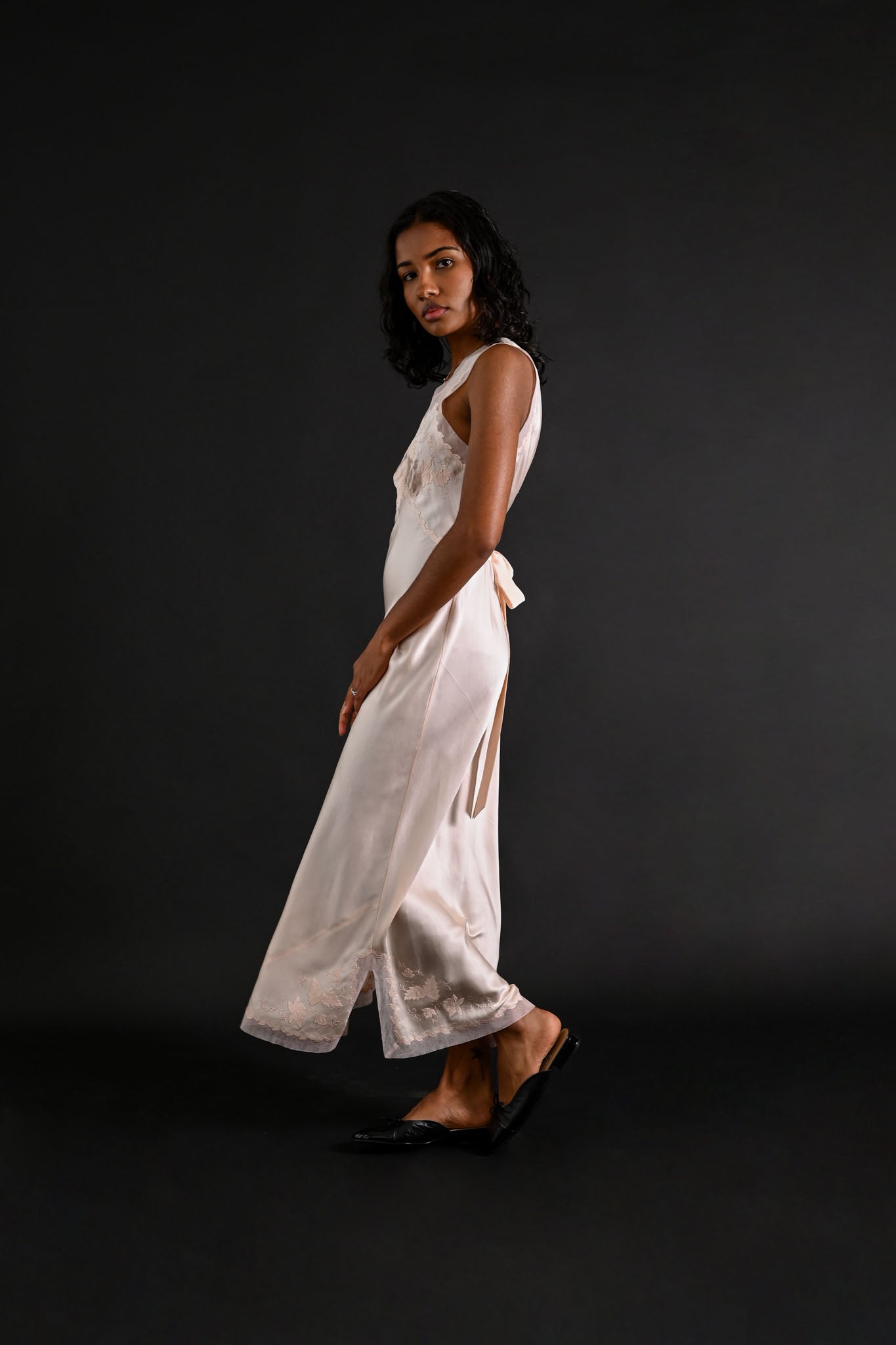 1930s Hand Embroidered Floral + Foliage Silk Gown [xs/sm]