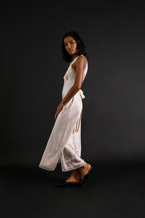 1930s Hand Embroidered Floral + Foliage Silk Gown [xs/sm]