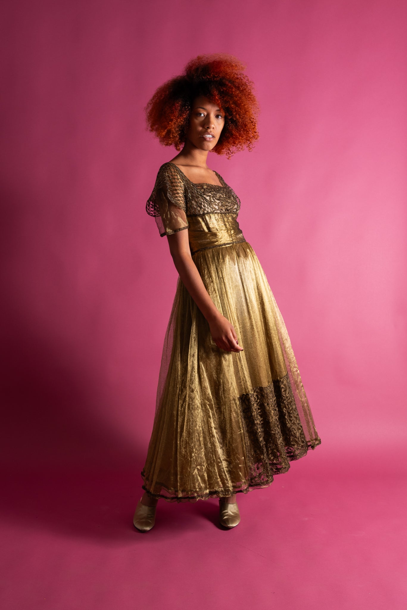 Edwardian Gold Chartreuse Lamé Net Gown [xs/sm]