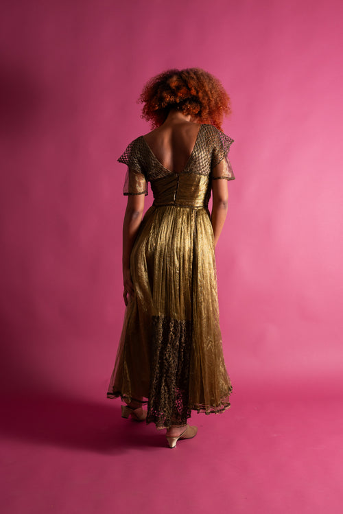 Edwardian Gold Chartreuse Lamé Net Gown [xs/sm]