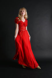 1930s Crimson Silk Chiffon Diamanté Gown [xs/sm]