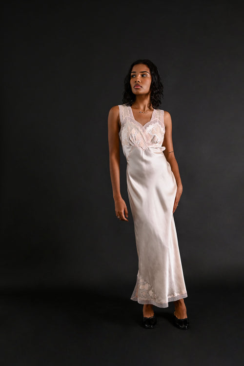 1930s Hand Embroidered Floral + Foliage Silk Gown [xs/sm]