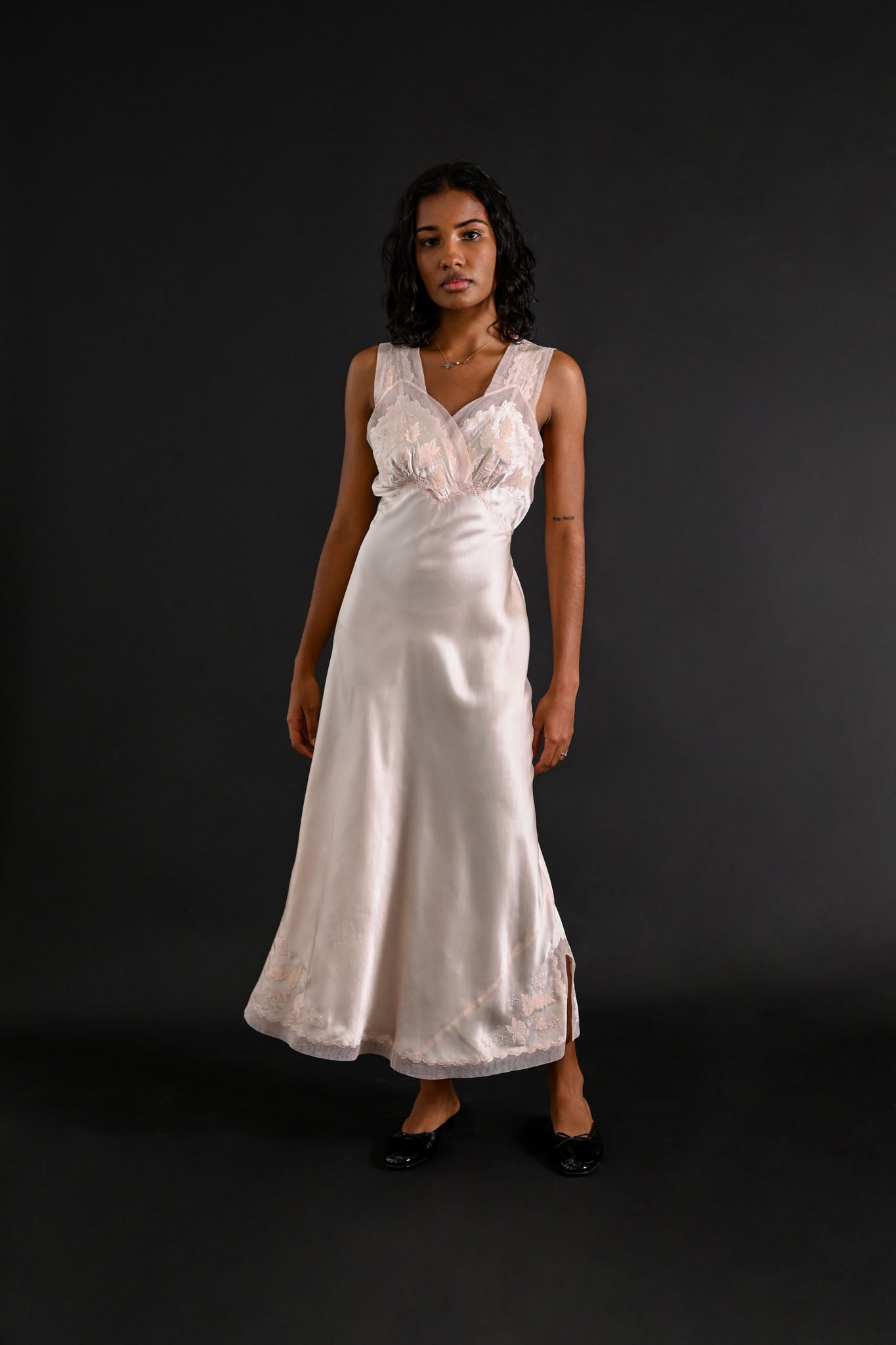 1930s Hand Embroidered Floral + Foliage Silk Gown [xs/sm]