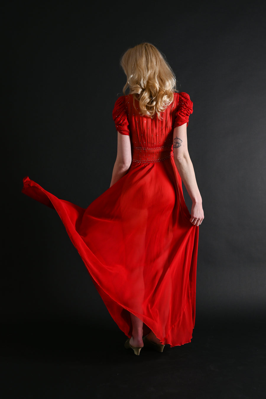 1930s Crimson Silk Chiffon Diamanté Gown [xs/sm]