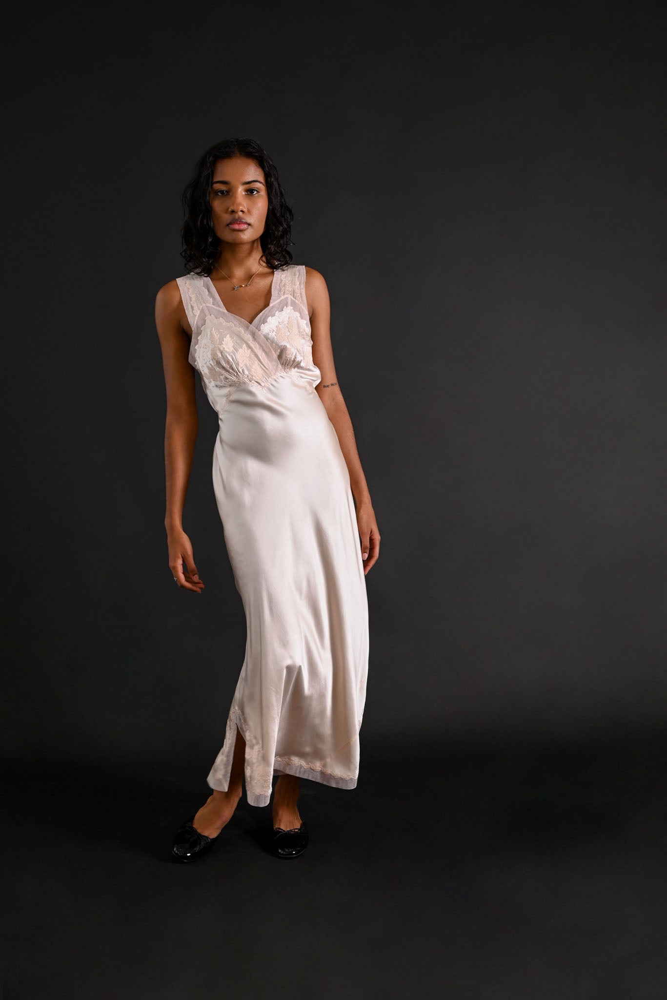 1930s Hand Embroidered Floral + Foliage Silk Gown [xs/sm]