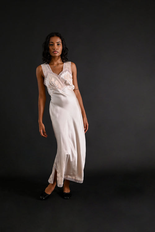 1930s Hand Embroidered Floral + Foliage Silk Gown [xs/sm]