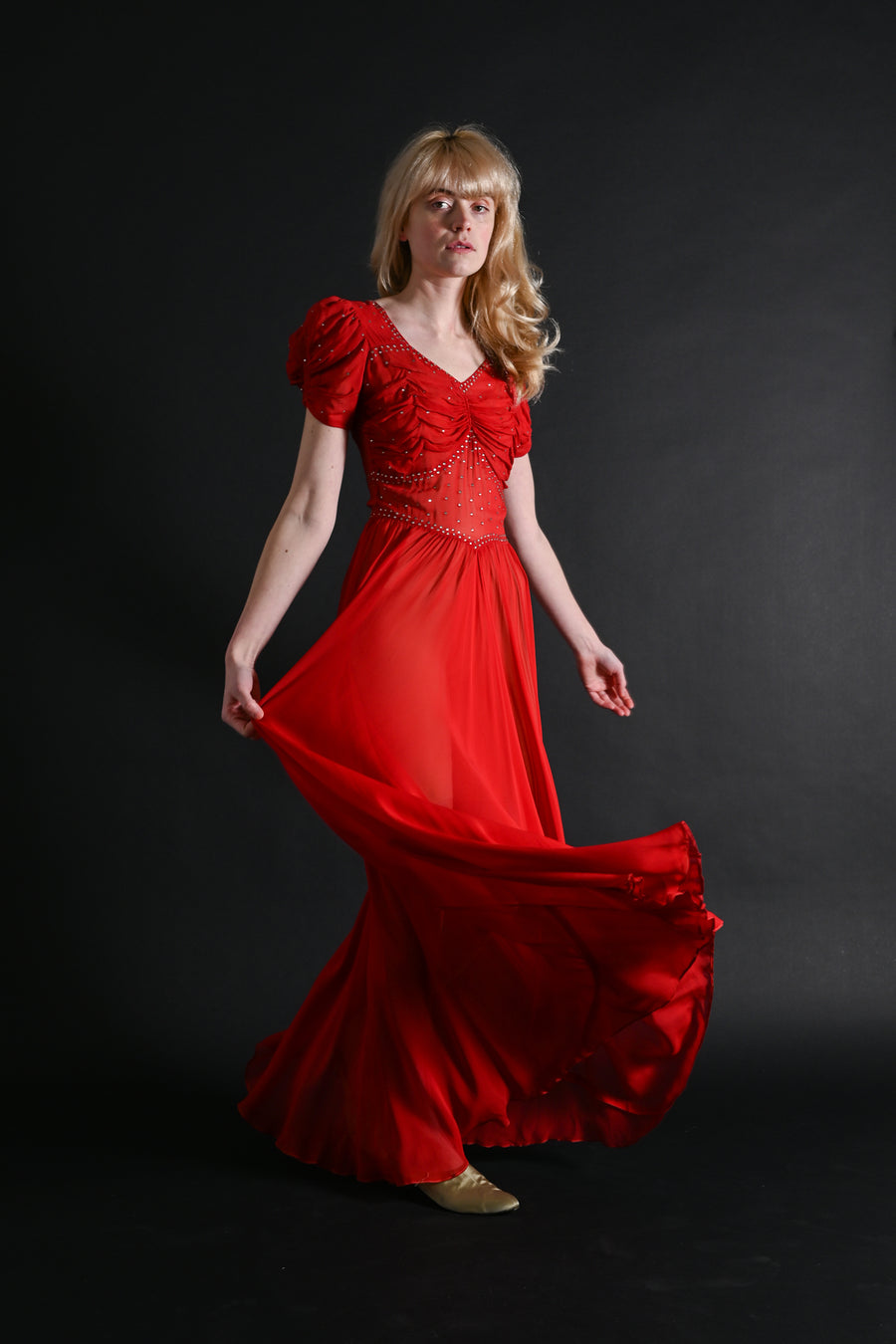 1930s Crimson Silk Chiffon Diamanté Gown [xs/sm]