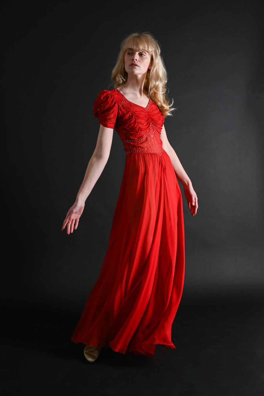 1930s Crimson Silk Chiffon Diamanté Gown [xs/sm]