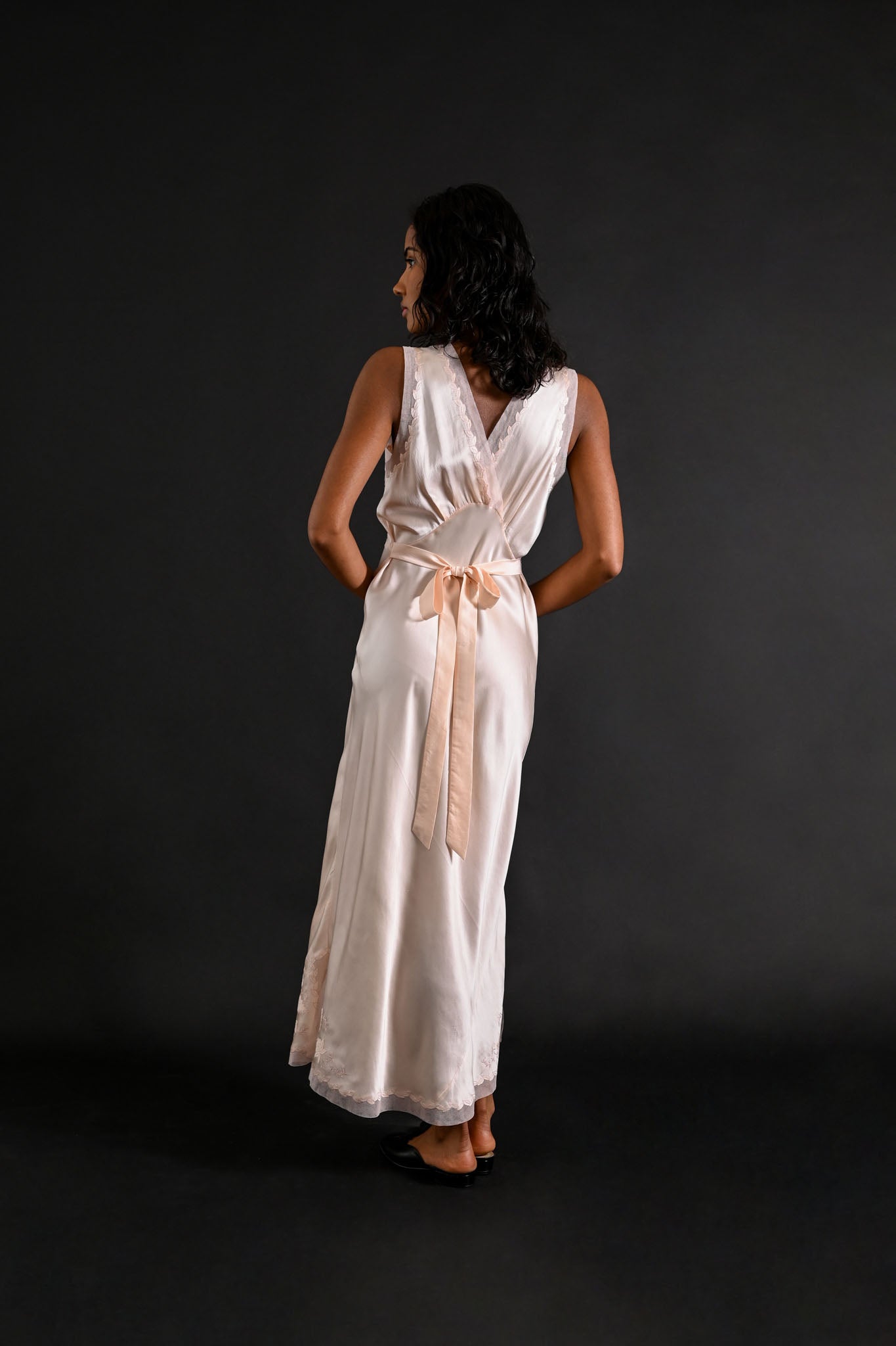 1930s Hand Embroidered Floral + Foliage Silk Gown [xs/sm]