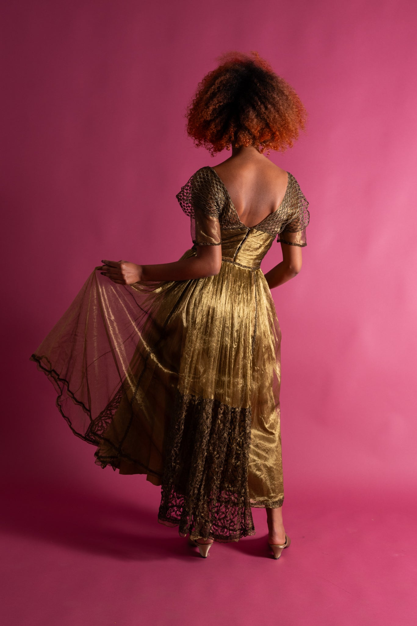 Edwardian Gold Chartreuse Lamé Net Gown [xs/sm]