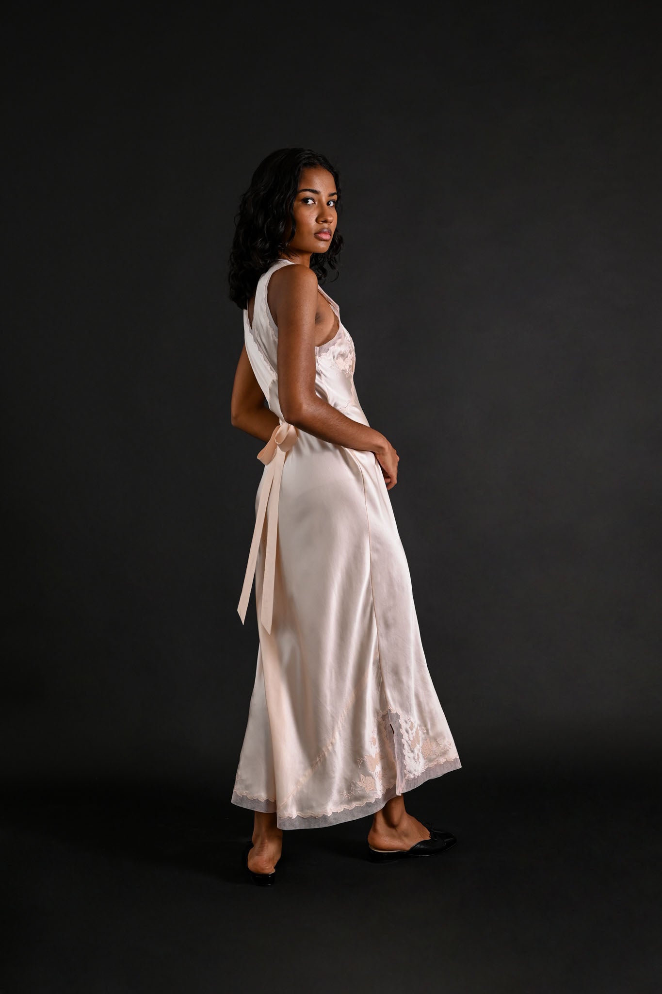 1930s Hand Embroidered Floral + Foliage Silk Gown [xs/sm]