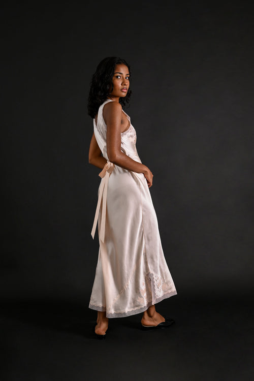 1930s Hand Embroidered Floral + Foliage Silk Gown [xs/sm]