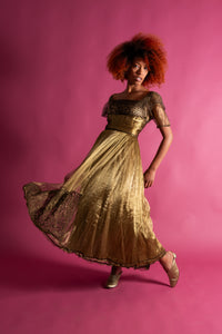 Edwardian Gold Chartreuse Lamé Net Gown [xs/sm]