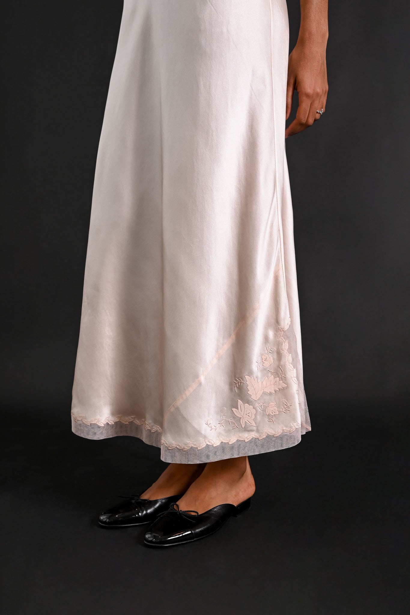 1930s Hand Embroidered Floral + Foliage Silk Gown [xs/sm]