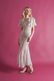 1930s Dove Grey Lace Ruffle Gown [xs/sm]