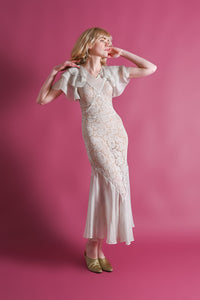 1930s Dove Grey Lace Ruffle Gown [xs/sm]