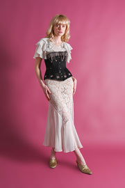 1880s French Black + Pink Flossed Corset [xs/sm]