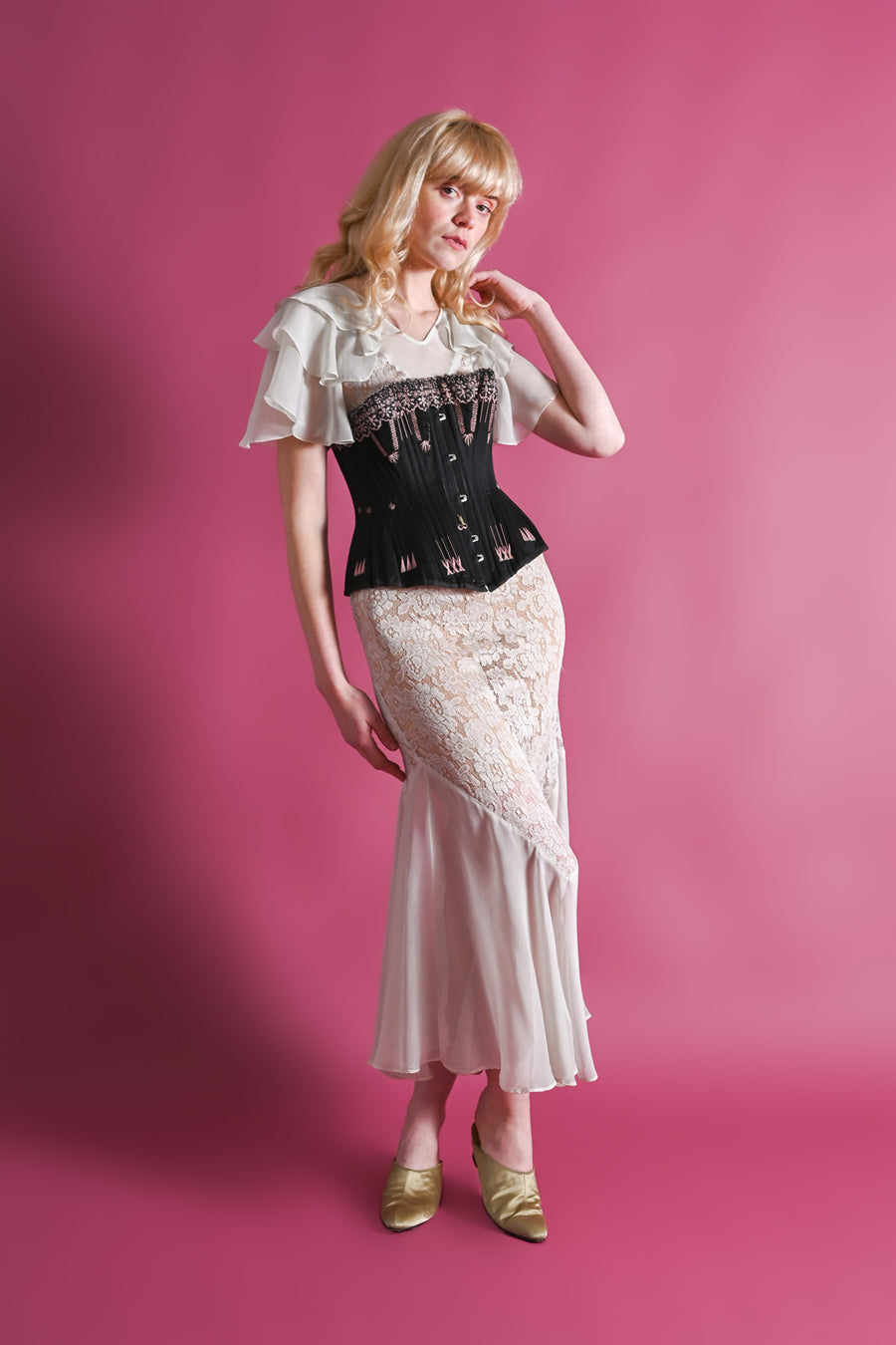 1880s French Black + Pink Flossed Corset [xs/sm]