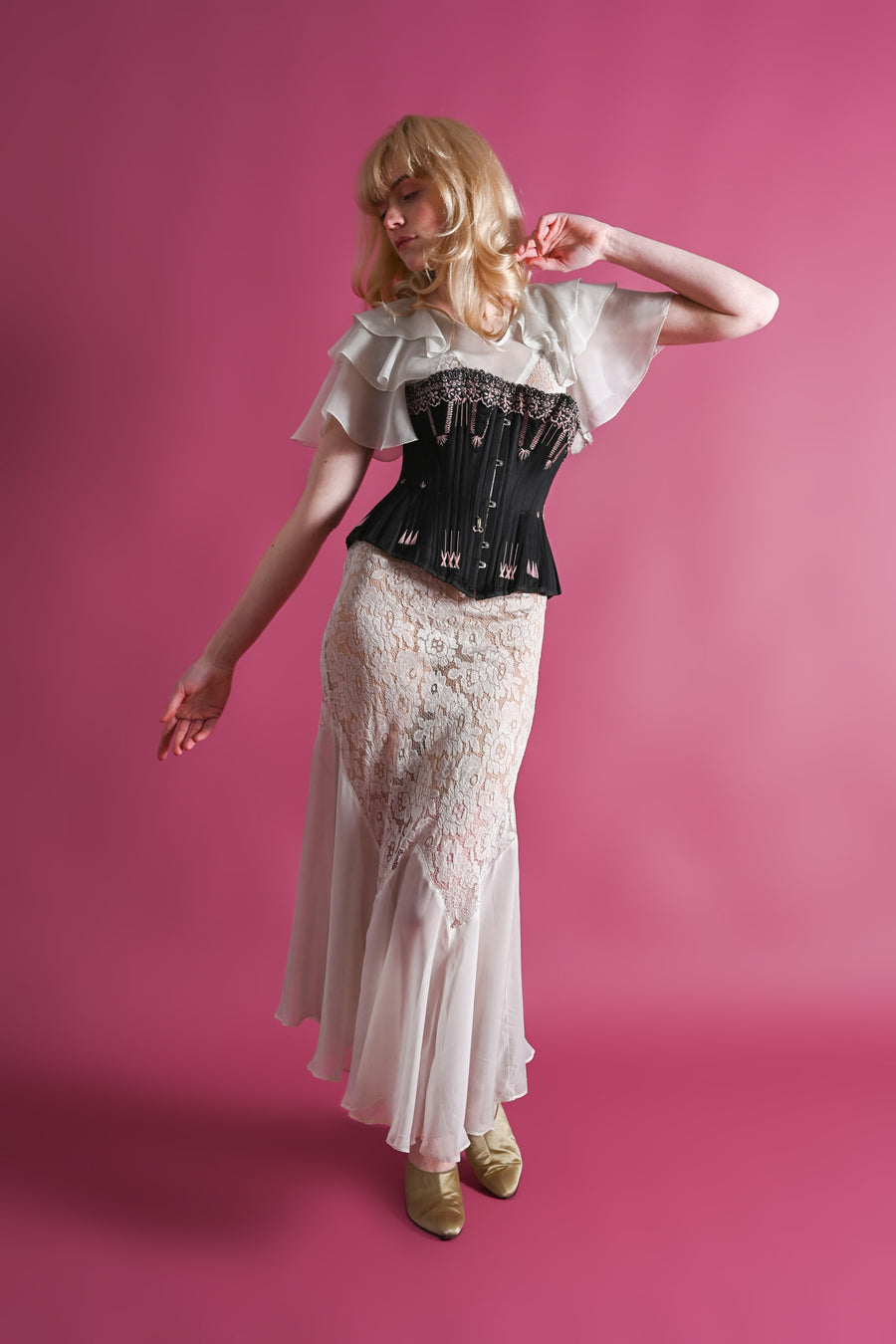 1880s French Black + Pink Flossed Corset [xs/sm]