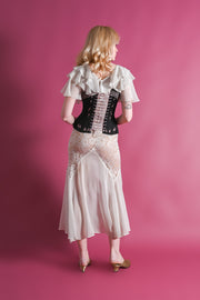 1880s French Black + Pink Flossed Corset [xs/sm]