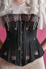 1880s French Black + Pink Flossed Corset [xs/sm]