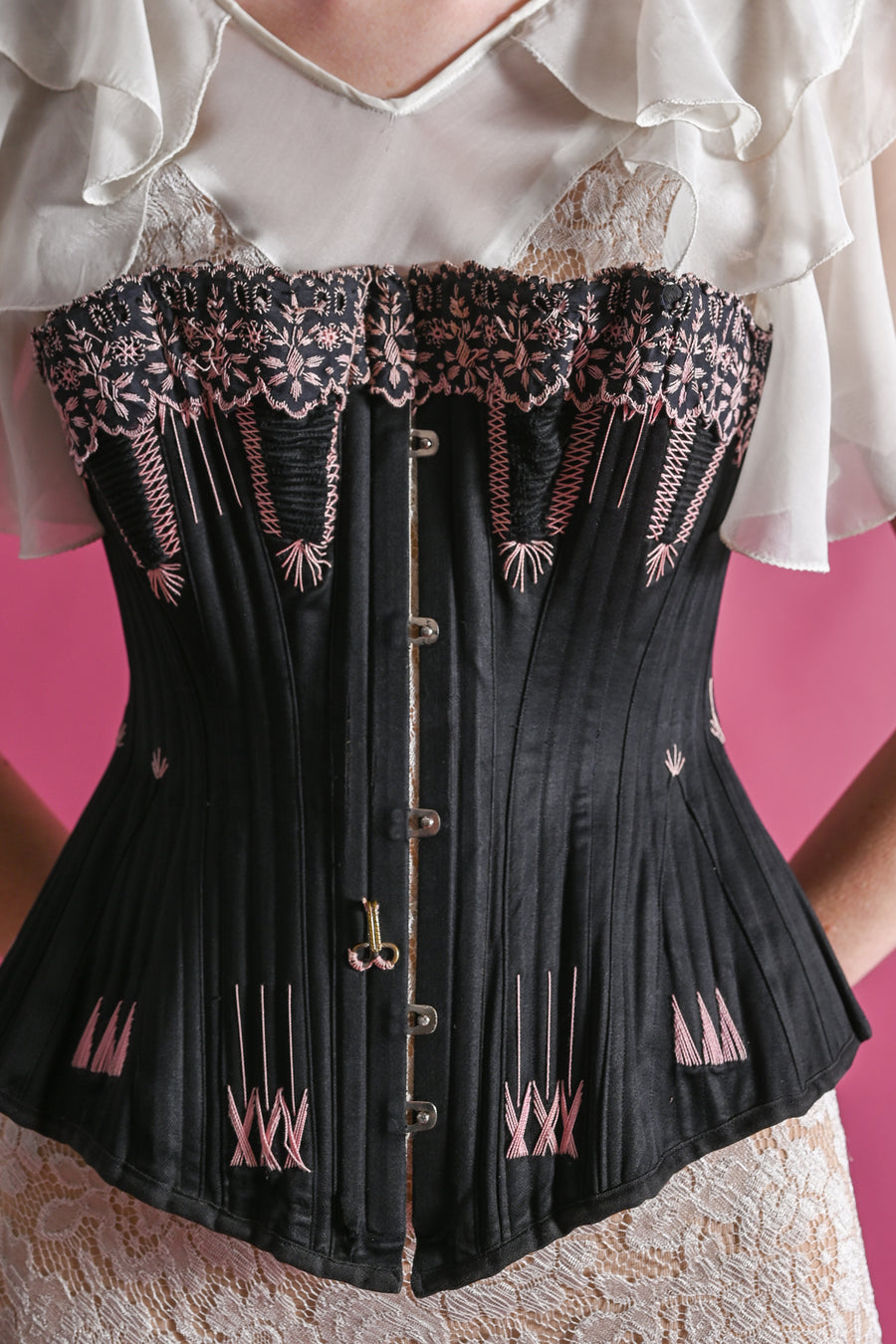 1880s French Black + Pink Flossed Corset [xs/sm]