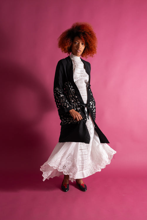 1920s Black Silk Floral Cutout Jacket [xs/sm/med]